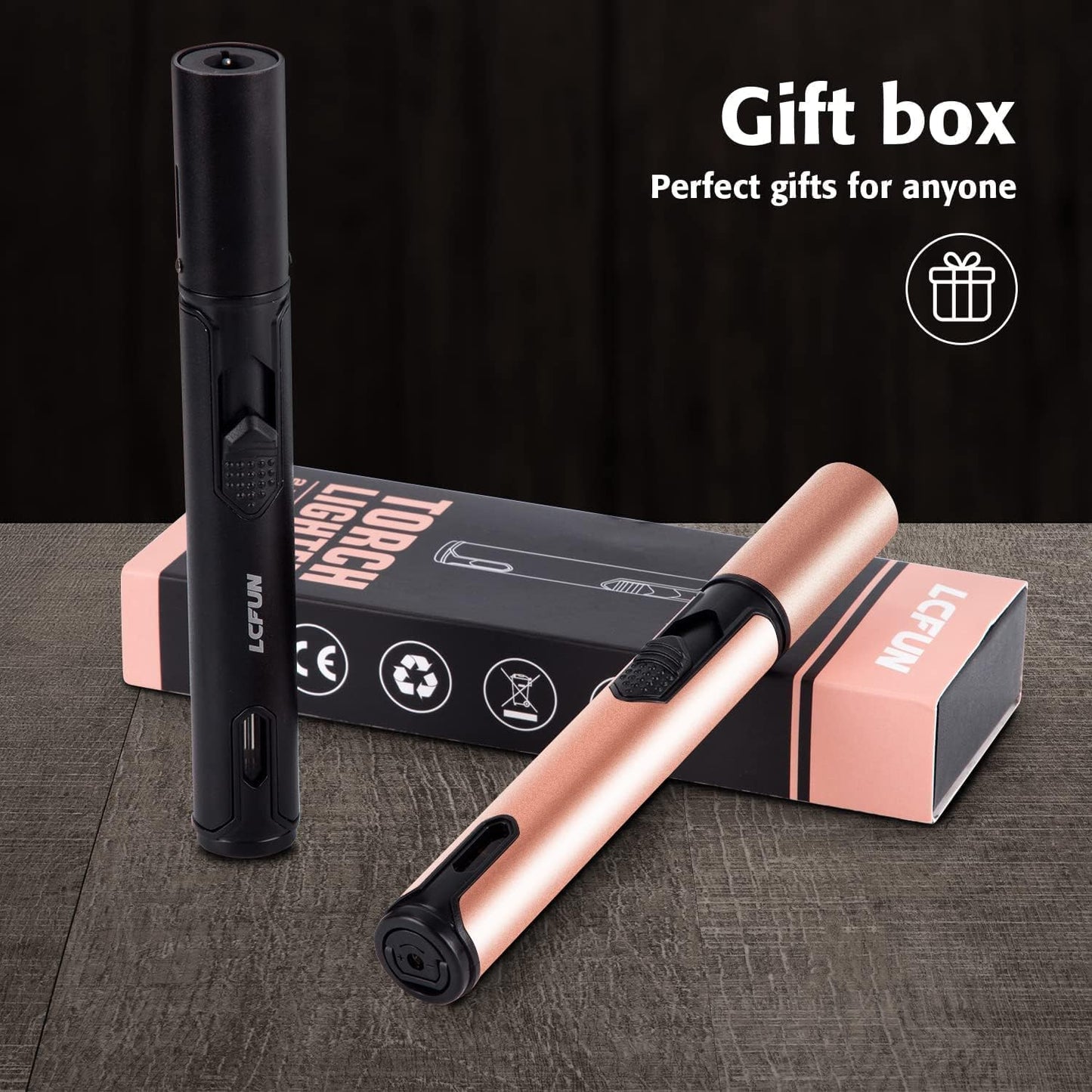 Butane Torch Lighter 2 Pack,Jet Lighter Windproof with Butane Window,Refillable Flame Pen Lighter for Candles,BBQ,Kitchen Stove and Camping(Without Butane)(Black & Champaqne)