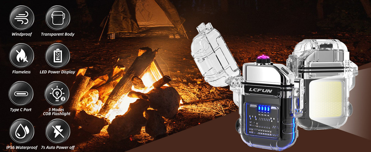 Electric Rechargeable Lighter, Windproof Plasma USB C Lighter, Dual Arc Lighter with Battery Display & Flashlight, Waterproof Lighter for Camping, Survival, Hiking, Candle(Black)