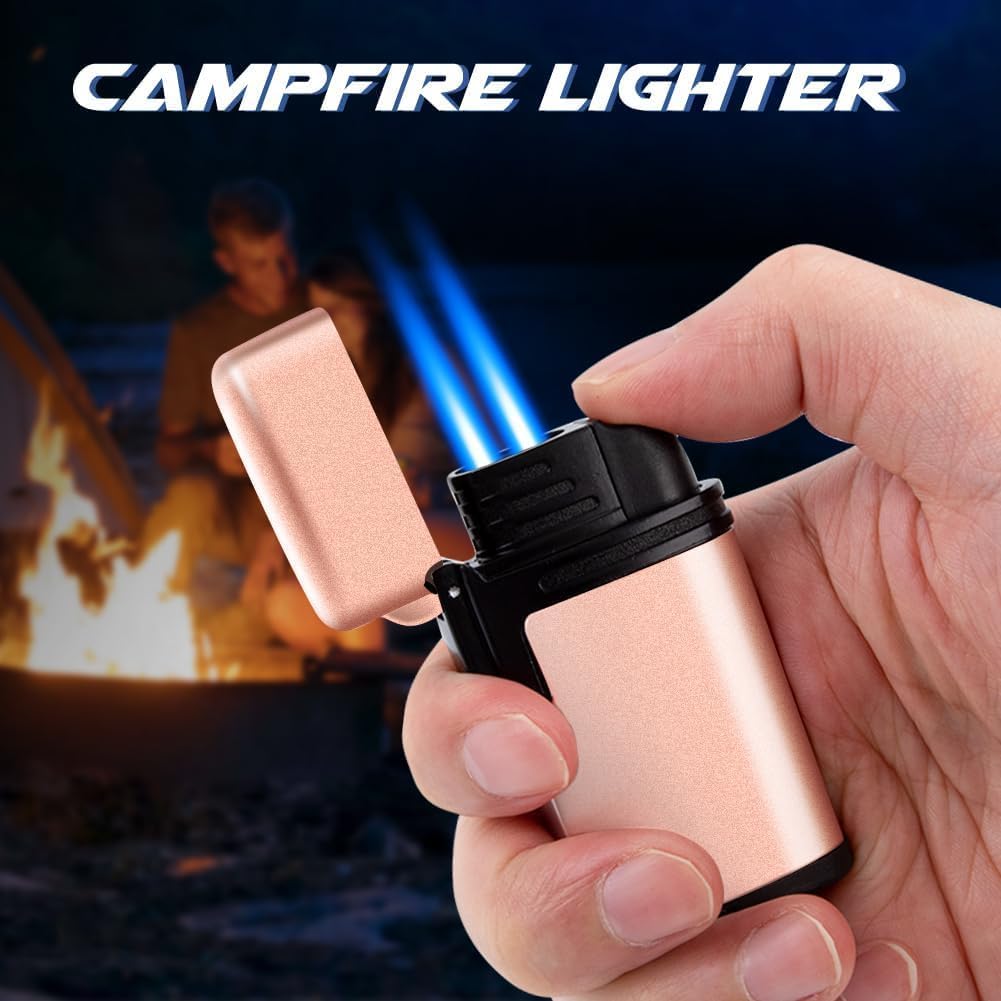 Butane Torch Lighter 2 Pack,Windproof Flame Lighter,2 Jet Lighter Refillable,Gas Fire Lighter,Pocket Torch Lighter (Without Fuel)(Black & Rose Gold)
