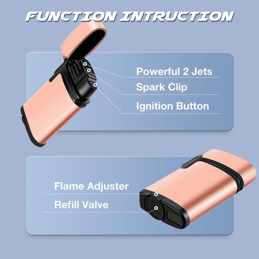Butane Torch Lighter 2 Pack,Windproof Flame Lighter,2 Jet Lighter Refillable,Gas Fire Lighter,Pocket Torch Lighter (Without Fuel)(Black & Rose Gold)