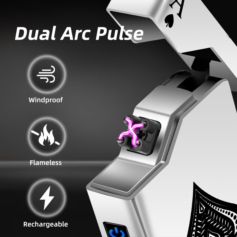 Electric Lighter - Rechargeable USB, Dual Arc Plasma, Windproof Flameless, Pocket Metal Lighter with LED Battery Indication for Candles, Camping (Silver Ace)