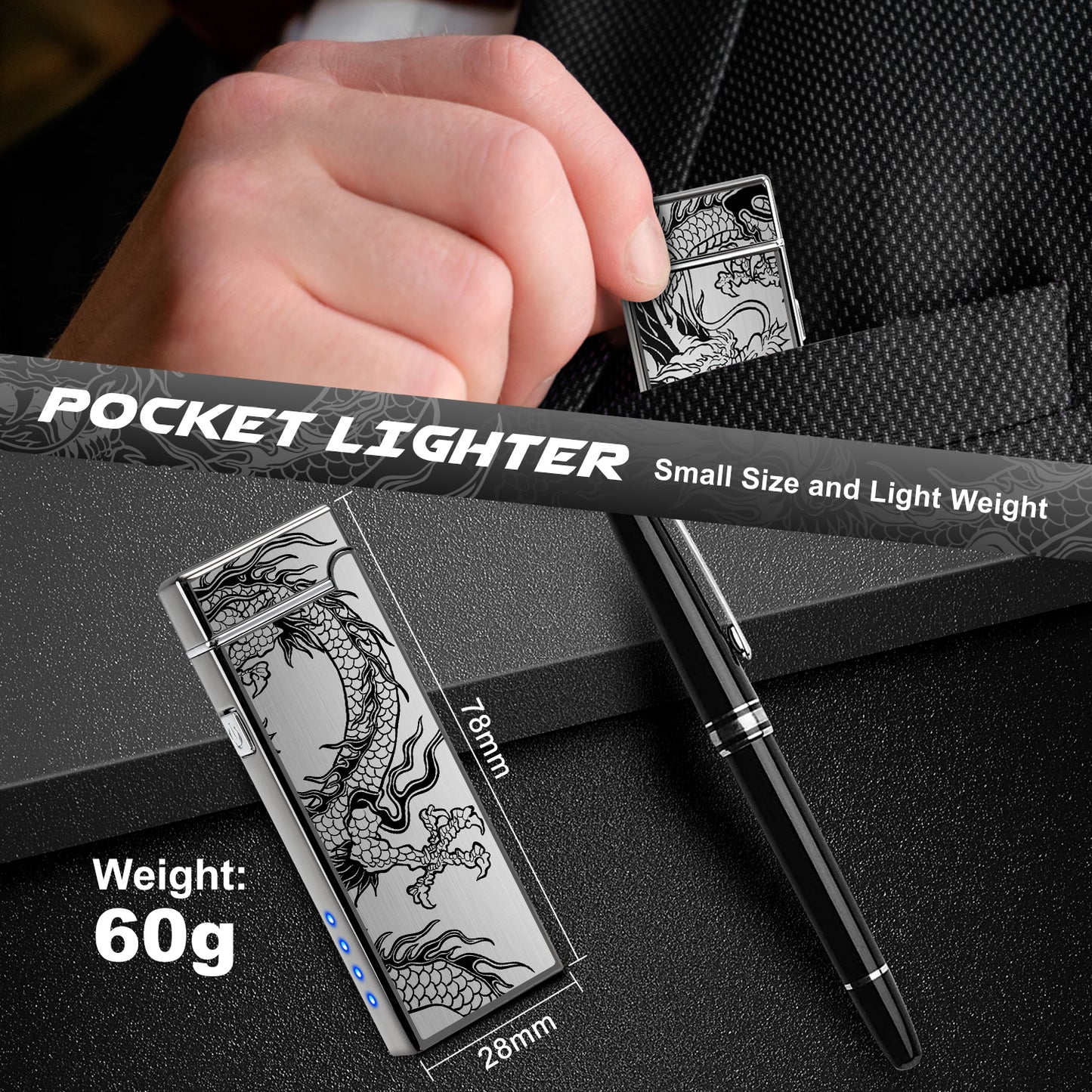 LcFun Electric Lighter USB Rechargeable Dual Arc Lighter with Battery Indicator, Windproof Cool Pocket Plasma Lighters for Camping, Small Valentines Birthday Gifts for Men Father (Gunmetal Gray)