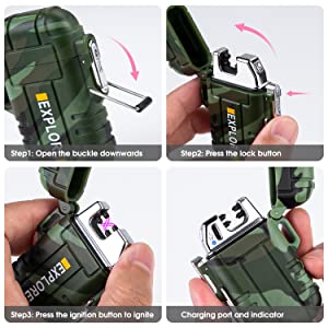 Waterproof Lighter Outdoor Windproof Lighter Dual Arc Lighter Electric Lighters USB Rechargeable-Flameless-Plasma Cool Lighters for Camping,Hiking,Adventure,Survival Tactical Gear (Camouflage)