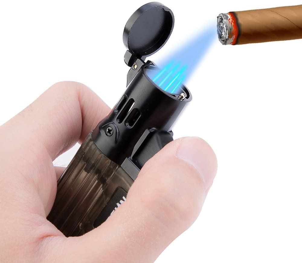 Torch Lighter 2 Pack Quad Jet Flame Lighter Refillable Butane Cigar Lighter 4 Jet Torch Lighters-Butane Not Included (2 Pack Black)