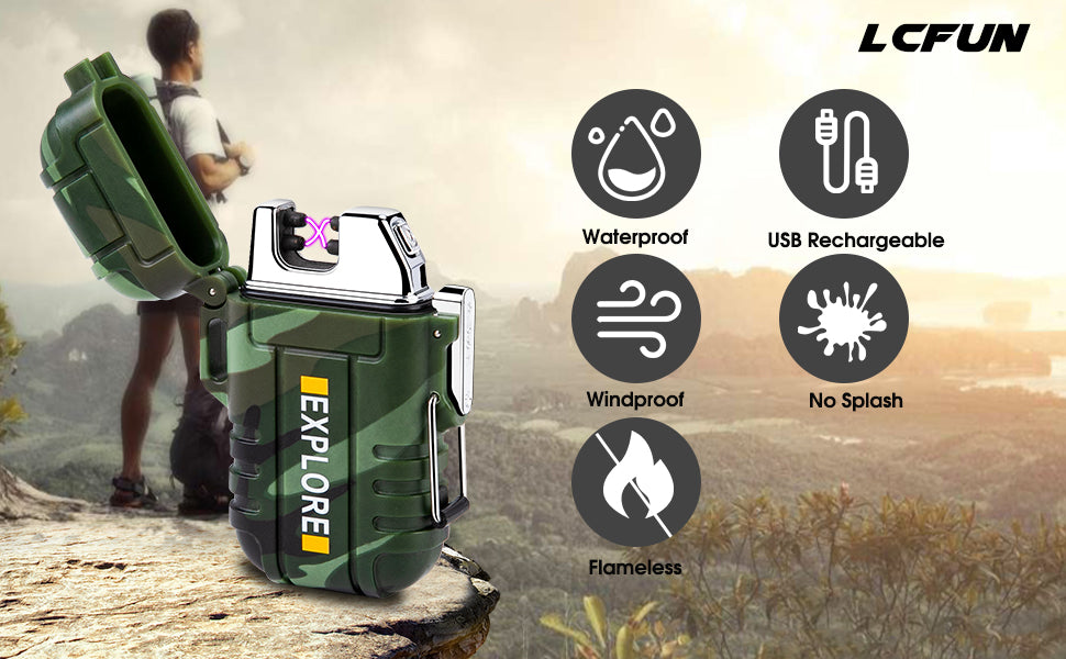 Waterproof Lighter Outdoor Windproof Lighter Dual Arc Lighter Electric Lighters USB Rechargeable-Flameless-Plasma Cool Lighters for Camping,Hiking,Adventure,Survival Tactical Gear (Camouflage)