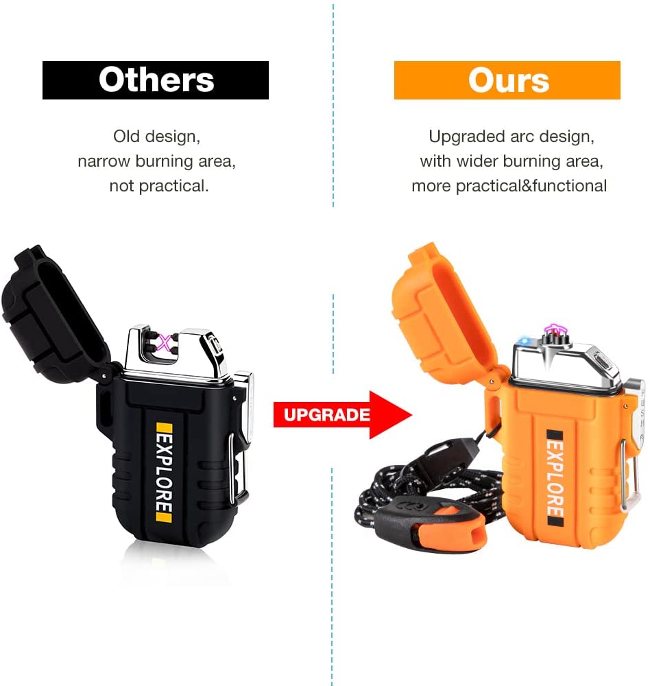 USB Rechargeable Lighter,Windproof Arc Lighter Waterproof,Flameless Electric Lighter,Dual Arc Plasma Lighter with Emergency Whistle for Outdoor Adventure,Survival Tactical,Camping Gadgets (Orange)