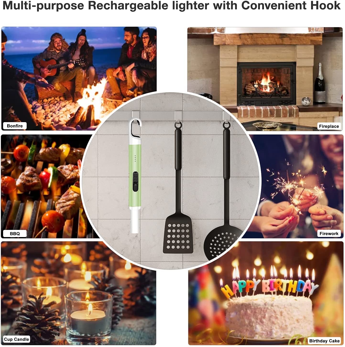 Arc Lighter USB Rechargeable Candle Lighter Flameless Electronic Lighter Windproof Plasma Long Neck Lighters with LED Battery Indicator for Candle,Fireworks,Grill,Barbecue,Stove(Green)