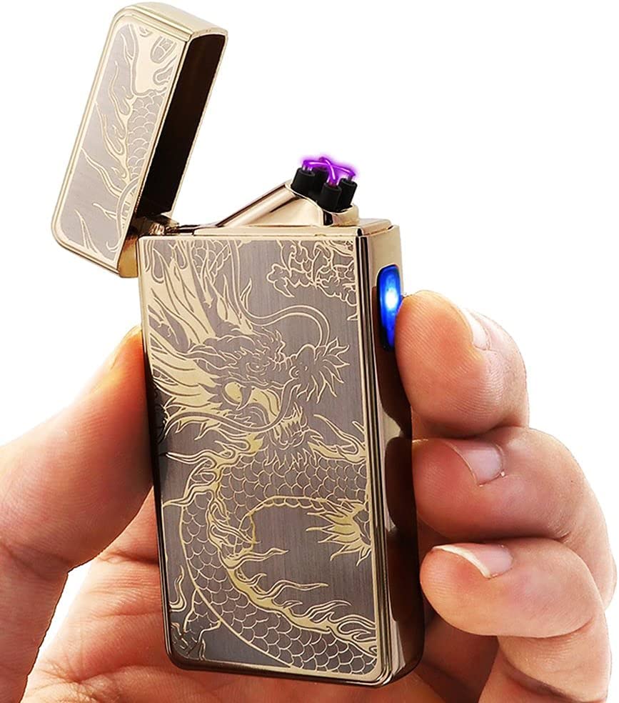 LcFun Dual Arc Plasma Lighter USB Rechargeable Electronic Lighters Windproof Flameless Butane Free Electric Lighters Candle Lighter (Gold Dragon)