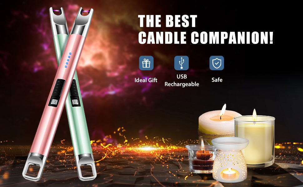 LcFun Candle Lighter 2 Pack USB Rechargeable Lighter Flameless Arc Lighter with Safety Lock Electric Lighter with LED Battery Display Long Lighters for Candle (Green & Rose Gold)