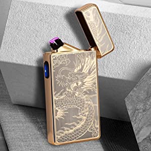 LcFun Dual Arc Plasma Lighter USB Rechargeable Electronic Lighters Windproof Flameless Butane Free Electric Lighters Candle Lighter (Gold Dragon)