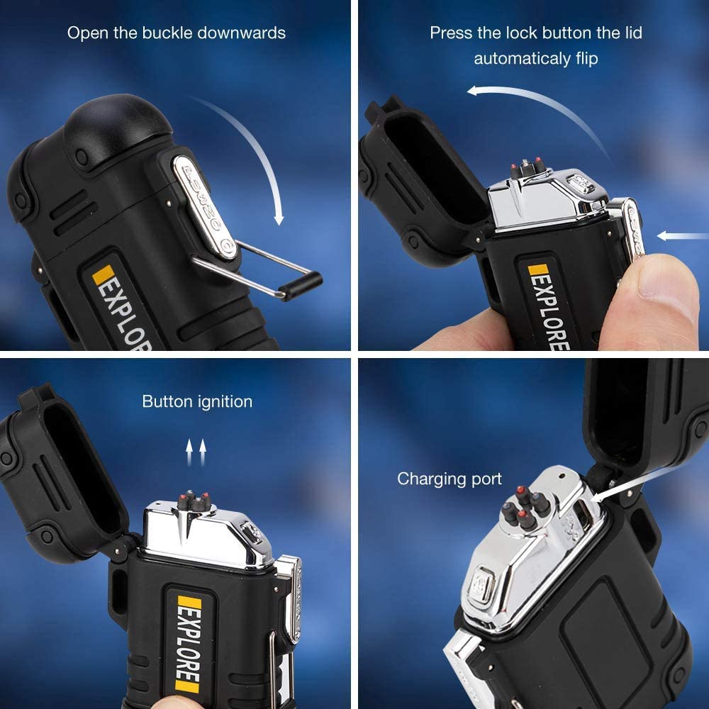 Arc Lighter Outdoor Waterproof Windproof Plasma Lighter Rechargeable USB Electronic Lighters with Emergency Whistle for Camping,Adventure,EDC Survival Tactical Gear(Black)