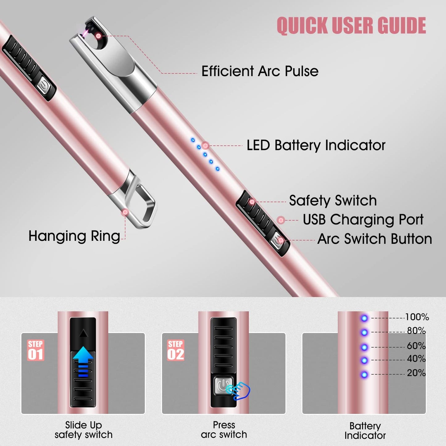 Candle Lighter 2 Pack Plasma Rechargeable Electric Arc Lighter with LED Battery Display Windproof Flameless USB Long Lighter for Candle BBQ Camping Gas Stoves Fireworks(Rose Gold&Black)
