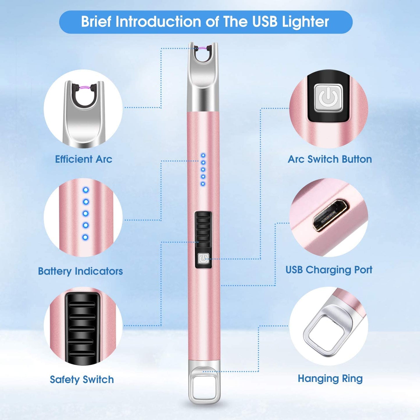 Candle Lighter 1 Pack USB Rechargeable Long Lighter Windproof Flameless Arc Lighter with LED Battery Display for Candle, Fireworks, BBQ, Gas Stove, Grill (Rose Gold)
