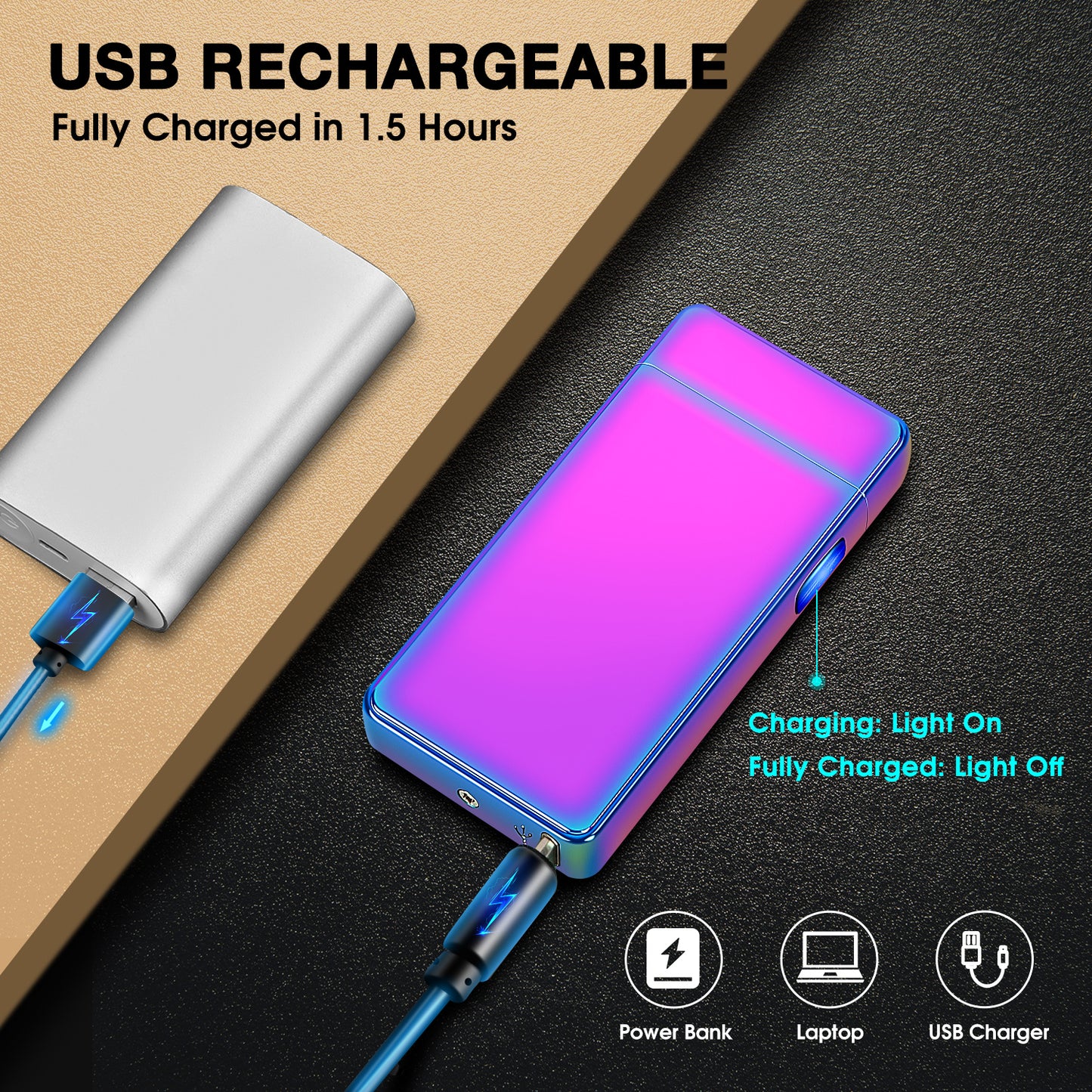 lcfun Lighter,Electric Lighter USB Rechargeable Dual Arc Plasma Lighter Electronic Windproof Lighter for Indoor&Outdoor,Camping,Fire,Candle,Indoor&Outdoor(Rainbow)
