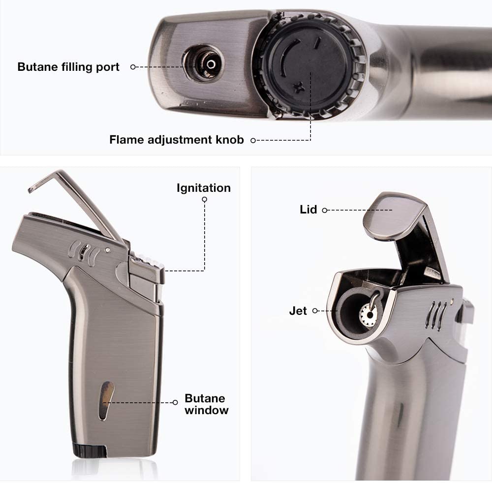 Butane Torch Lighter Refillable,Windproof Lighter Jet Flame Lighter with Fuel Window&Flame Adjustment Knob-Butane NOT Included (Silver)…