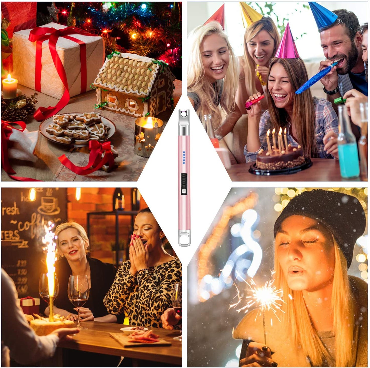 Candle Lighter 1 Pack USB Rechargeable Long Lighter Windproof Flameless Arc Lighter with LED Battery Display for Candle, Fireworks, BBQ, Gas Stove, Grill (Rose Gold)
