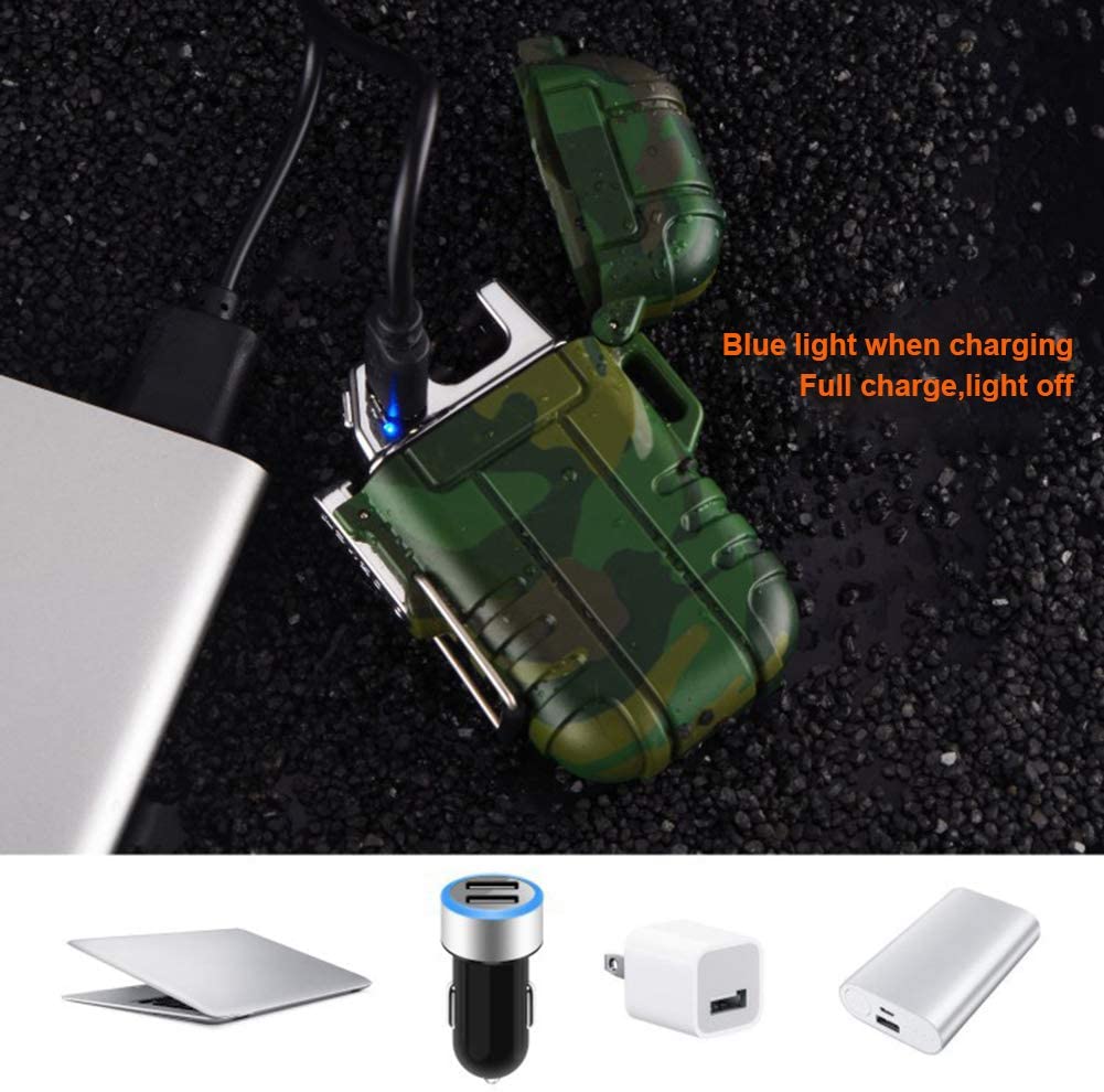 Waterproof Lighter Outdoor Windproof Lighter Dual Arc Lighter Electric Lighters USB Rechargeable-Flameless-Plasma Cool Lighters for Camping,Hiking,Adventure,Survival Tactical Gear (Camouflage)