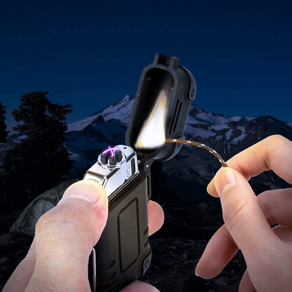Arc Lighter Outdoor Waterproof Windproof Plasma Lighter Rechargeable USB Electronic Lighters with Emergency Whistle for Camping,Adventure,EDC Survival Tactical Gear(Black)
