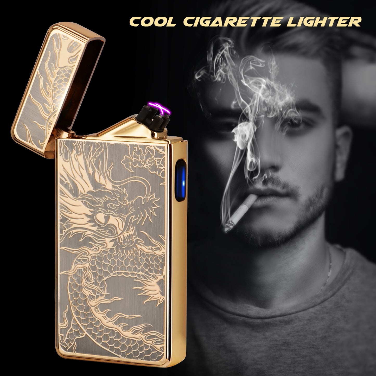 Electric Lighter,Dual Arc Plasma Lighter USB Rechargeable Lighter Electronic Windproof Lighter Cool Flameless Butane Free Lighter for Candle,Fireworks,Incense (Gold Dragon)…