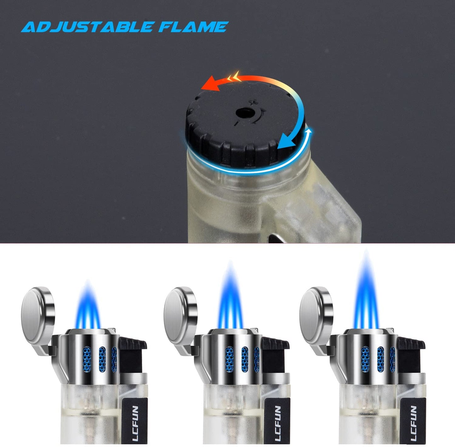 Torch Lighters 2 Pack Triple Jet Flame Butane Lighter 3 Flame Torch Lighter Fluid Refillble Jet Lighter-Butane Not Included (2 Pack Silver)