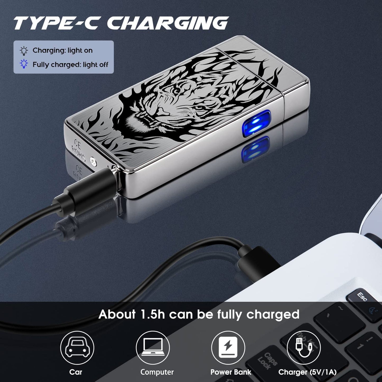 Electric Lighter USB Rechargeable Lighter Electronic Plasma Arc Lighter Flameless Windproof Lighters for Candle, Camping, Hiking, Outdoor(Black Tiger)…