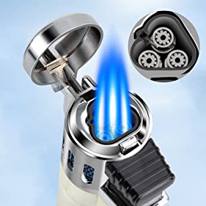 Torch Lighters 2 Pack Triple Jet Flame Butane Lighter 3 Flame Torch Lighter Fluid Refillble Jet Lighter-Butane Not Included (2 Pack Silver)
