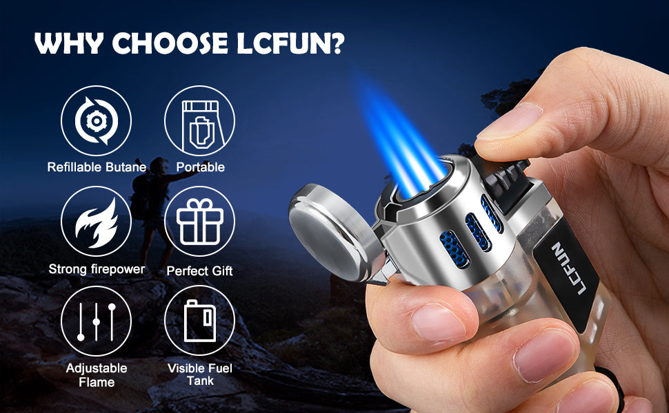 Torch Lighters 2 Pack Triple Jet Flame Butane Lighter 3 Flame Torch Lighter Fluid Refillble Jet Lighter-Butane Not Included (2 Pack Silver)