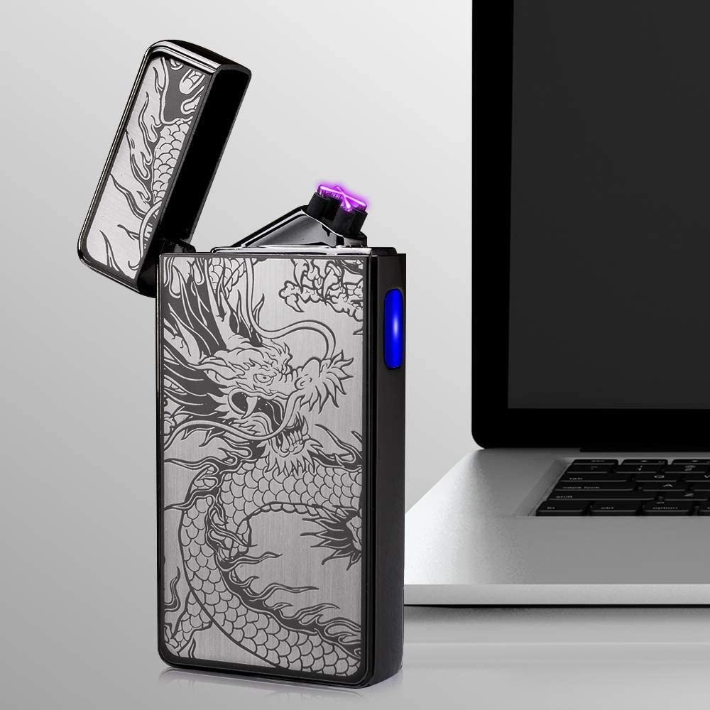 LcFun Dual Arc Plasma Lighter USB Rechargeable Windproof Flameless Butane Free Electric Lighter Candle Lighter (Black Dragon)
