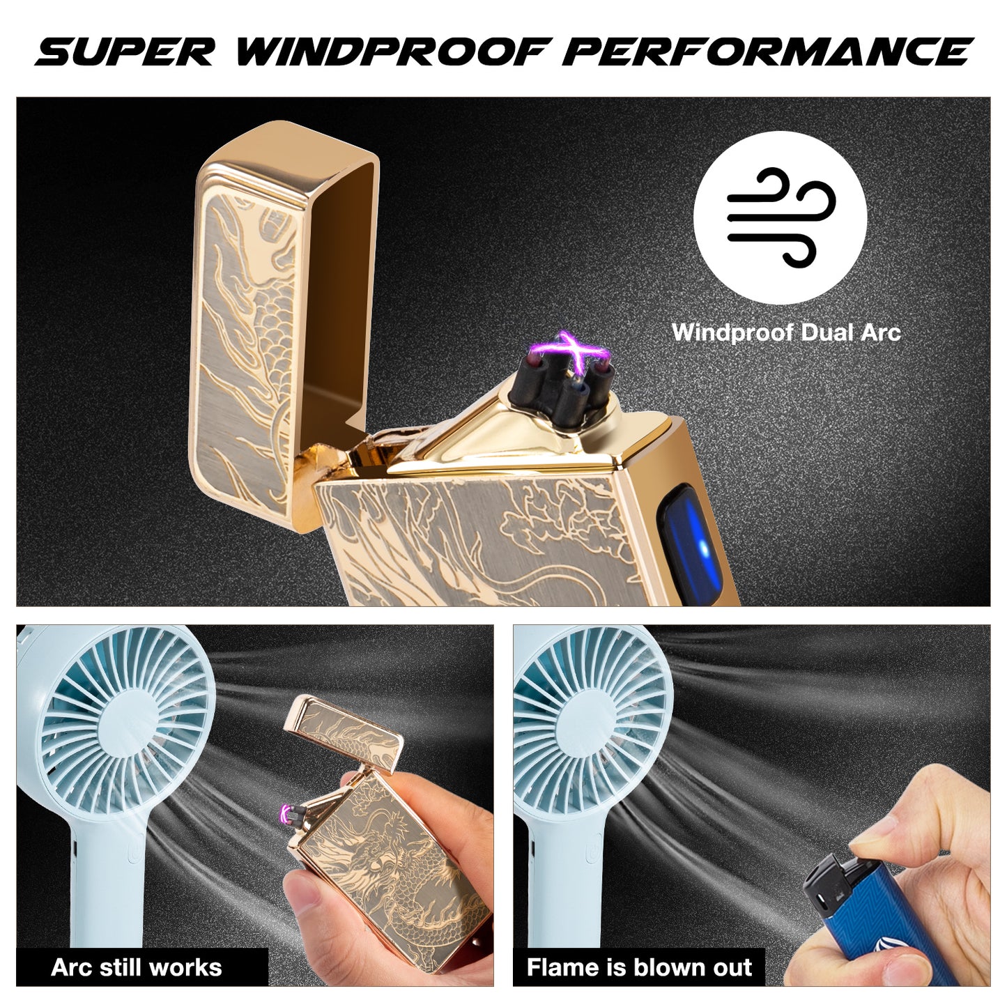 Lighter,Electric Arc Plasma Lighter USB Rechargeable Dual Arc Laser Lighter Electronic Windproof Cool Lighter for Indoor&Outdoor,Fire,Candles,Camping(Gold Dragon)