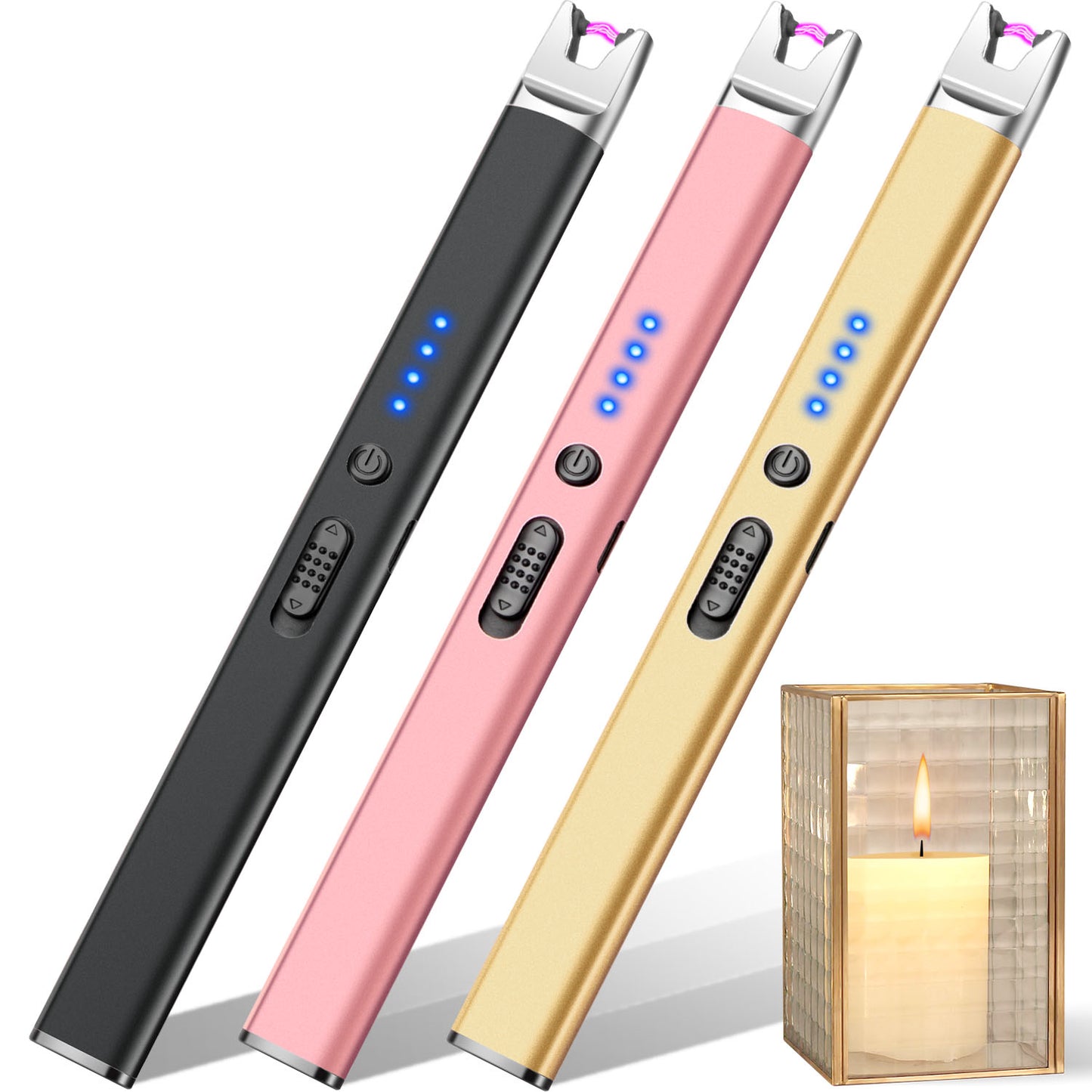 LcFun 2 Pack Candle Lighter USB Rechargeable Electric Plasma Arc Lighters with Safety Lock, Windproof Flameless Lighters Long Stem Matches for Candle, Grill, BBQ, Camping, Gas Stoves (Black, Gold)