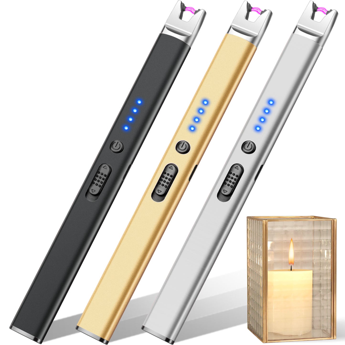 LcFun 2 Pack Candle Lighter USB Rechargeable Electric Plasma Arc Lighters with Safety Lock, Windproof Flameless Lighters Long Stem Matches for Candle, Grill, BBQ, Camping, Gas Stoves (Black, Gold)