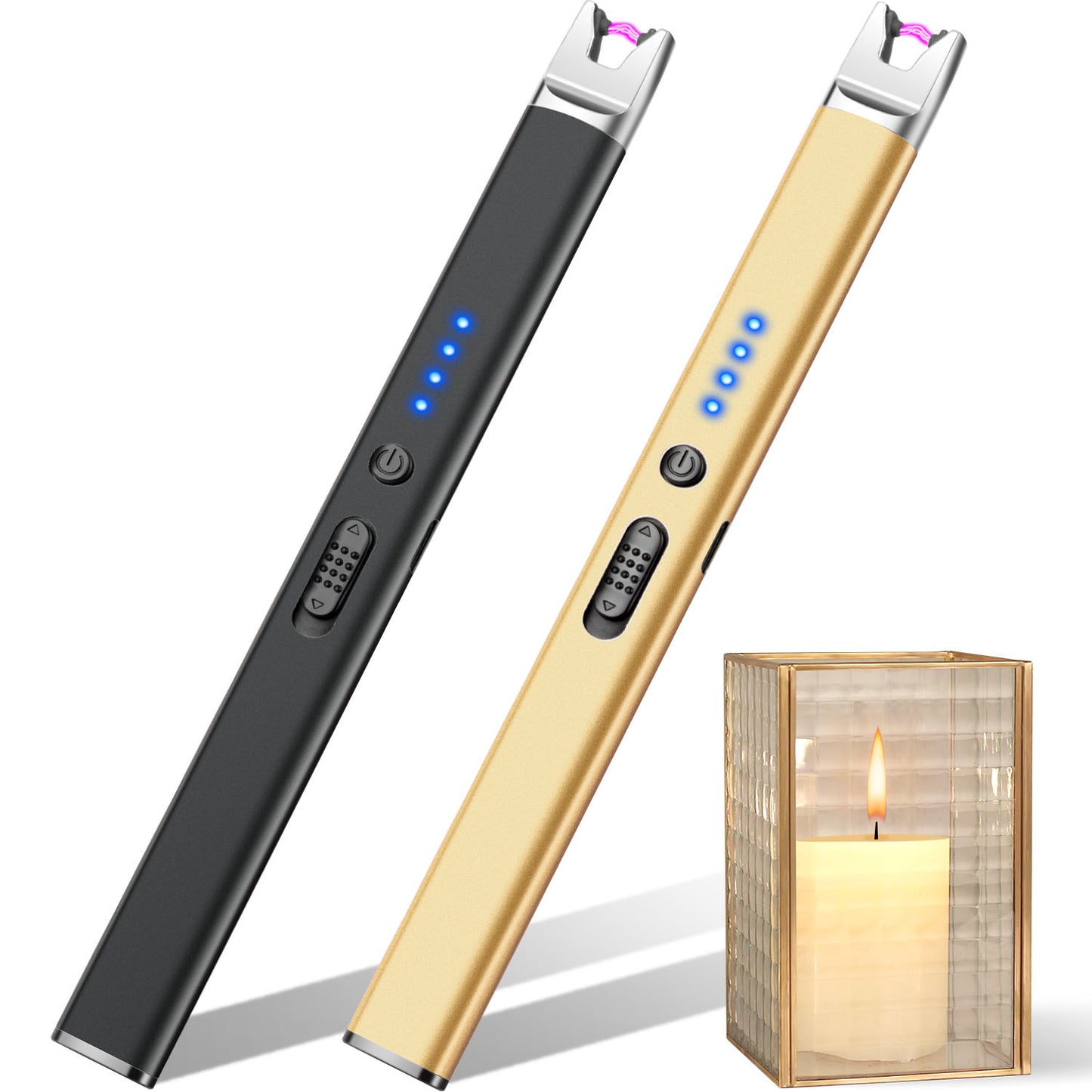 LcFun 2 Pack Candle Lighter USB Rechargeable Electric Plasma Arc Lighters with Safety Lock, Windproof Flameless Lighters Long Stem Matches for Candle, Grill, BBQ, Camping, Gas Stoves (Black, Gold)