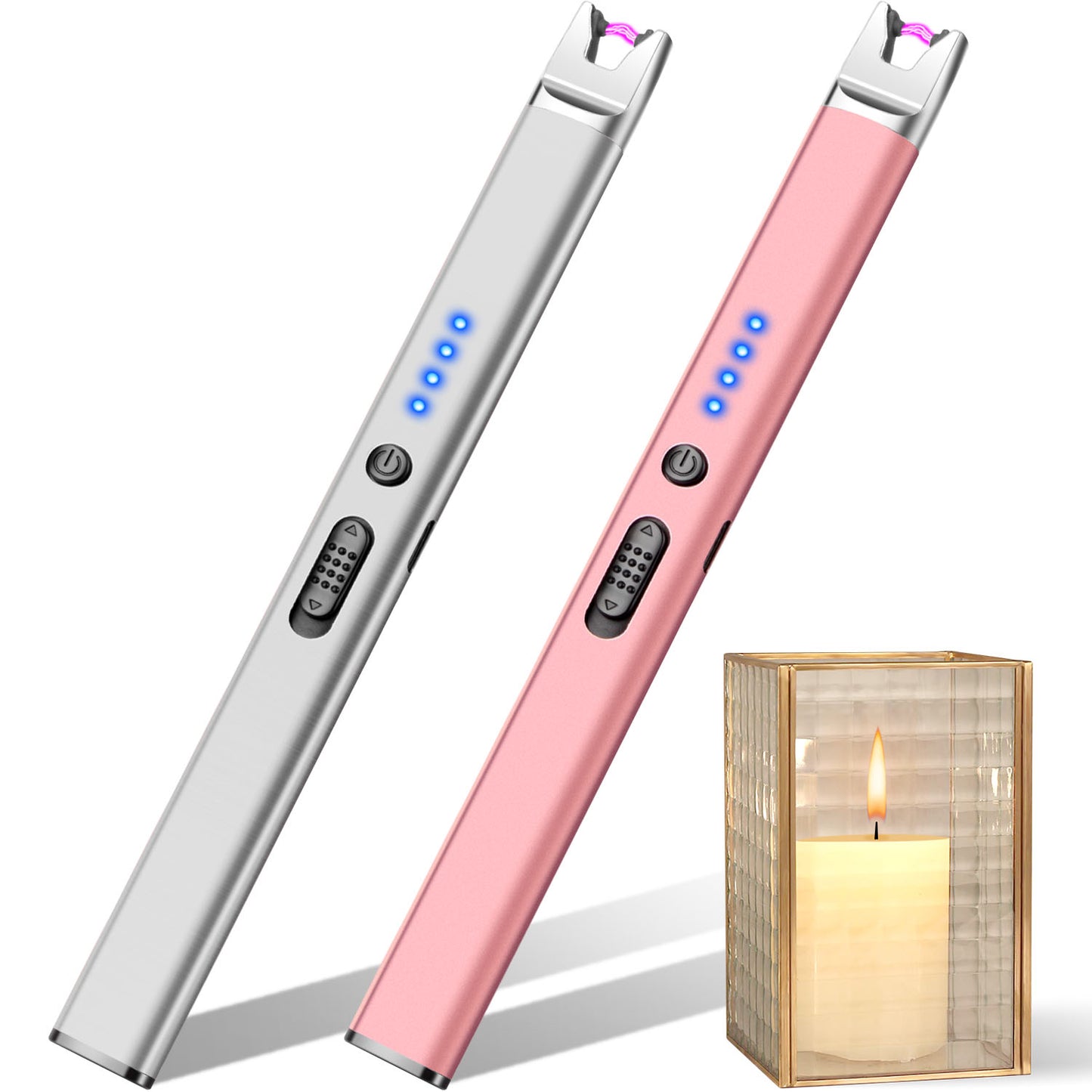 LcFun 2 Pack Candle Lighter USB Rechargeable Electric Plasma Arc Lighters with Safety Lock, Windproof Flameless Lighters Long Stem Matches for Candle, Grill, BBQ, Camping, Gas Stoves (Black, Gold)