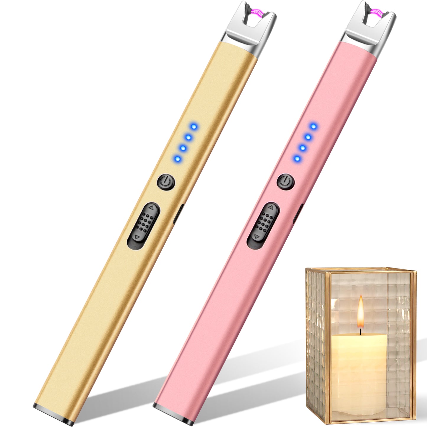 LcFun 2 Pack Candle Lighter USB Rechargeable Electric Plasma Arc Lighters with Safety Lock, Windproof Flameless Lighters Long Stem Matches for Candle, Grill, BBQ, Camping, Gas Stoves (Black, Gold)