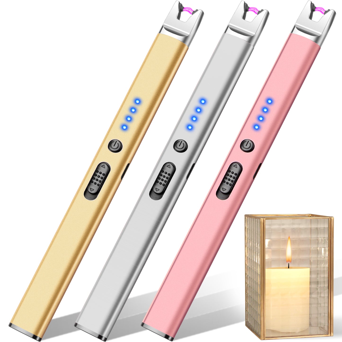 LcFun 2 Pack Candle Lighter USB Rechargeable Electric Plasma Arc Lighters with Safety Lock, Windproof Flameless Lighters Long Stem Matches for Candle, Grill, BBQ, Camping, Gas Stoves (Black, Gold)