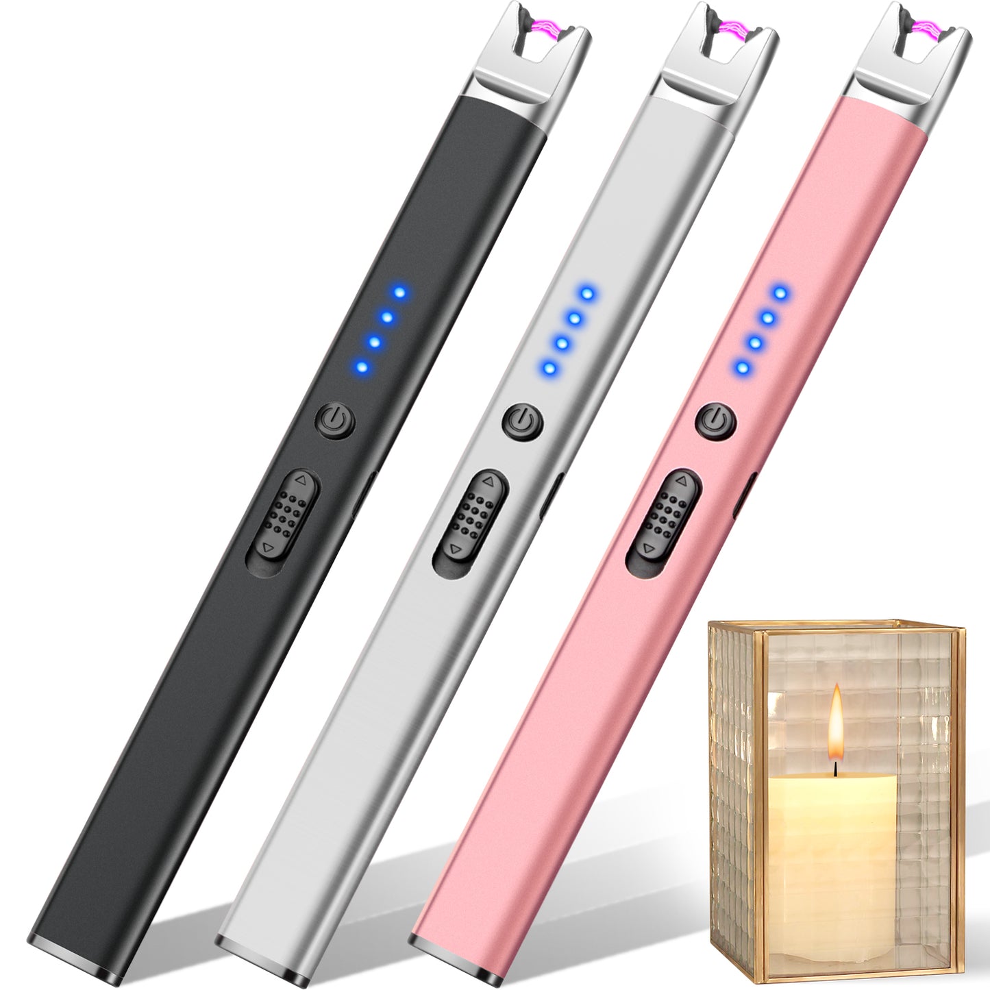 LcFun 2 Pack Candle Lighter USB Rechargeable Electric Plasma Arc Lighters with Safety Lock, Windproof Flameless Lighters Long Stem Matches for Candle, Grill, BBQ, Camping, Gas Stoves (Black, Gold)