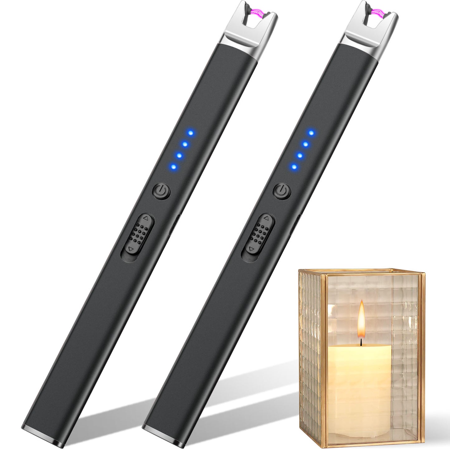 LcFun 2 Pack Candle Lighter USB Rechargeable Electric Plasma Arc Lighters with Safety Lock, Windproof Flameless Lighters Long Stem Matches for Candle, Grill, BBQ, Camping, Gas Stoves (Black, Gold)