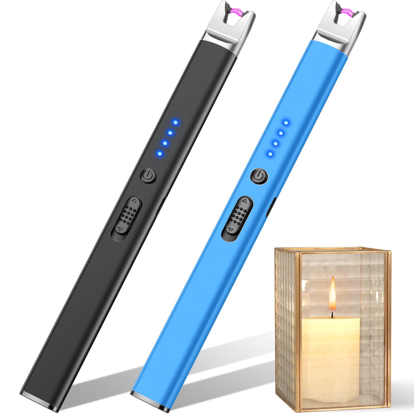 LcFun 2 Pack Candle Lighter USB Rechargeable Electric Plasma Arc Lighters with Safety Lock, Windproof Flameless Lighters Long Stem Matches for Candle, Grill, BBQ, Camping, Gas Stoves (Black, Gold)