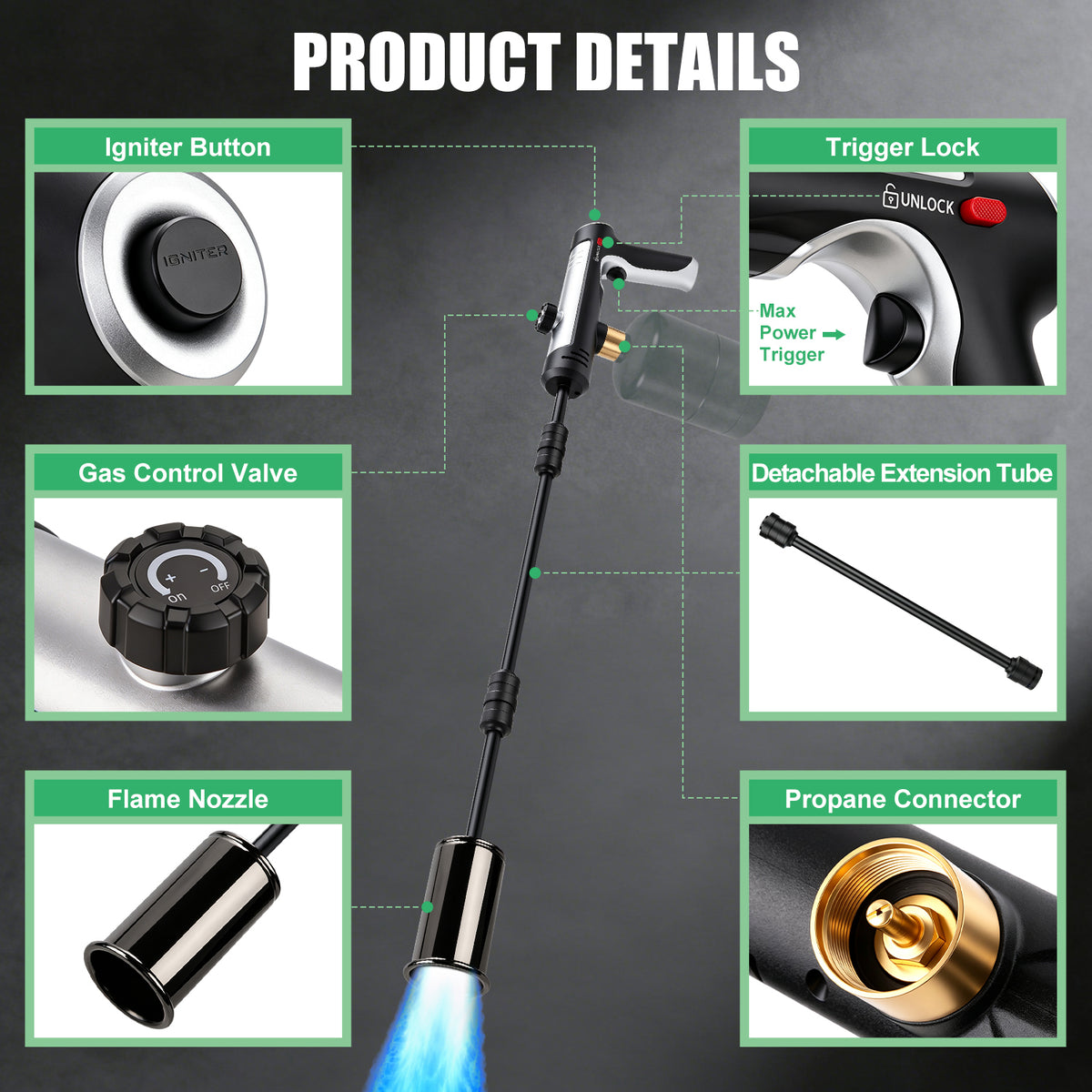 Propane Torch Weed Burner, Weed Torch Flame Thrower Built-In Igniter, Long and Short Modes, Adjustable Flame Blow Torch for Weeds, Garden, Roofing