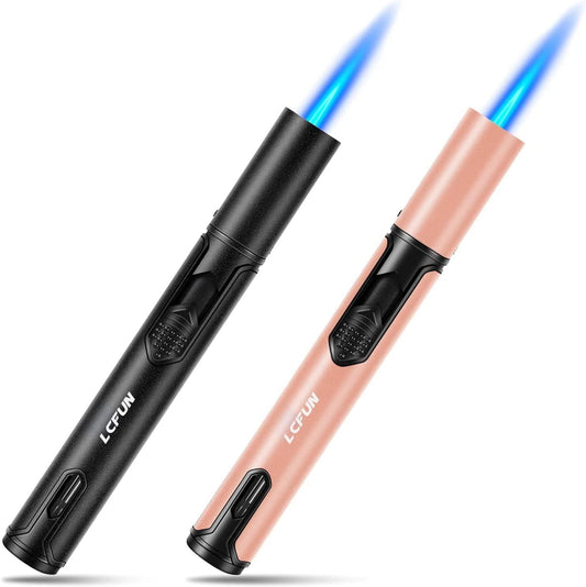 Butane Torch Lighter 2 Pack,Jet Lighter Windproof with Butane Window,Refillable Flame Pen Lighter for Candles,BBQ,Kitchen Stove and Camping(Without Butane)(Black & Champaqne)