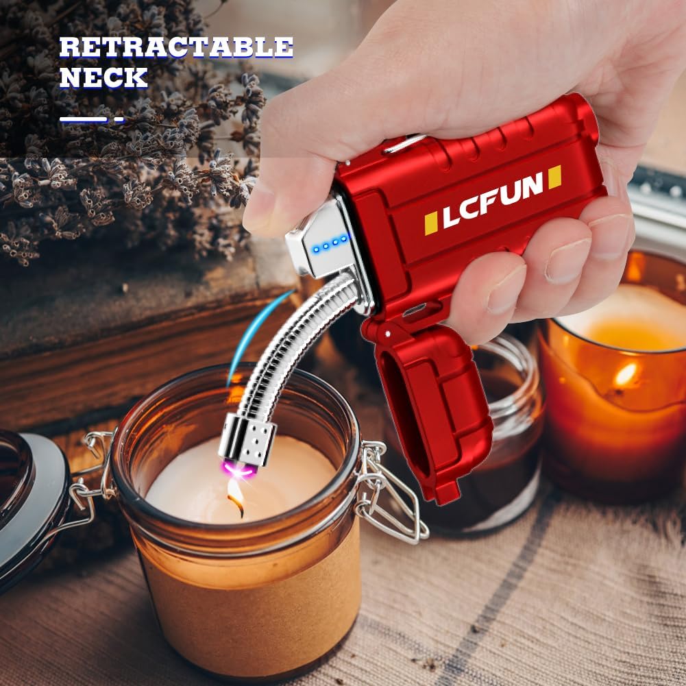 USB C Rechargeable Lighter with Long Retractable Neck,Electric Lighter Waterproof,Windproof Arc Plasma Lighter for Candles,Camping,Hiking,Survival,Tactical Gear-(Red)