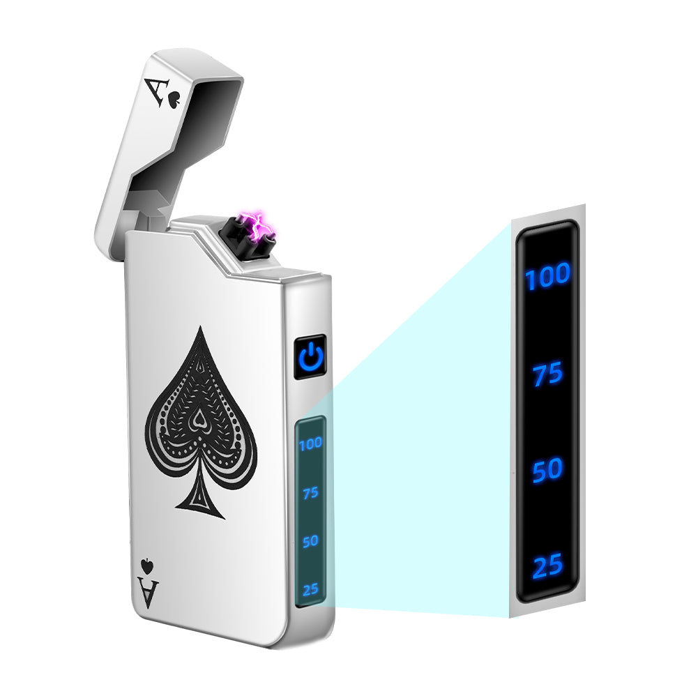 Electric Lighter - Rechargeable USB, Dual Arc Plasma, Windproof Flameless, Pocket Metal Lighter with LED Battery Indication for Candles, Camping (Silver Ace)