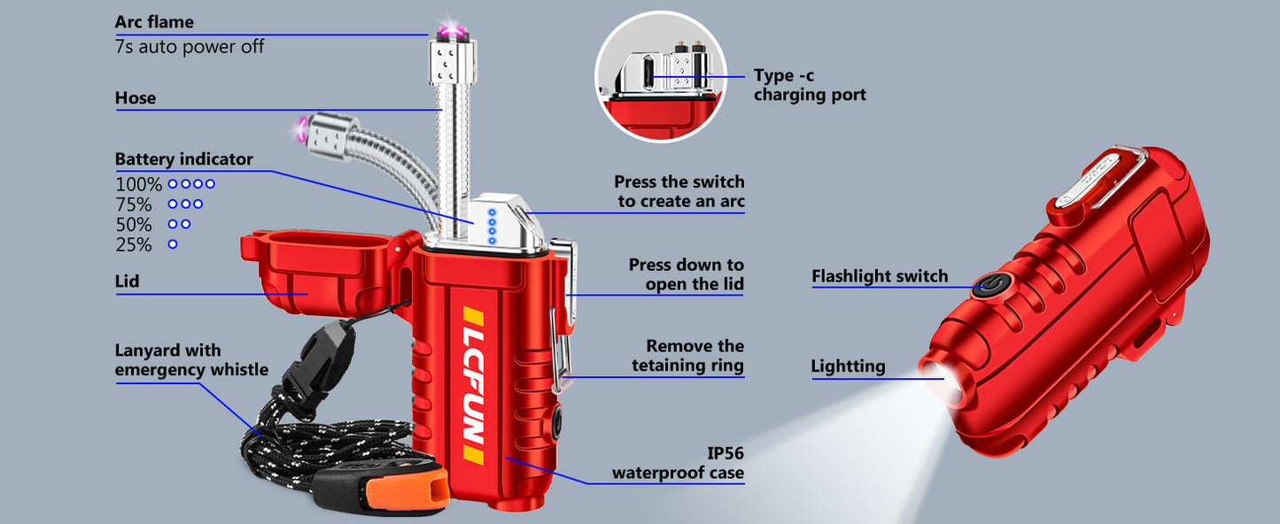 USB C Rechargeable Lighter with Long Retractable Neck,Electric Lighter Waterproof,Windproof Arc Plasma Lighter for Candles,Camping,Hiking,Survival,Tactical Gear-(Red)