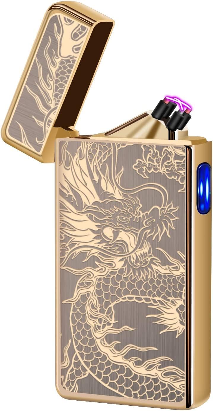 Electric Plasma Lighter with Cross X Dual Arc,USB Rechargeable Flameless Lighter with Cool Dragon Winding Pattern,Electronic Windproof Dragon Lighter(Golden Dragon)