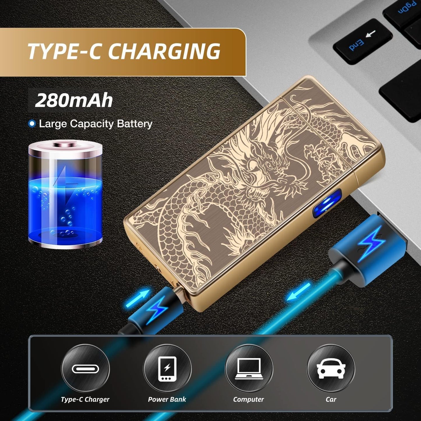 Electric Plasma Lighter with Cross X Dual Arc,USB Rechargeable Flameless Lighter with Cool Dragon Winding Pattern,Electronic Windproof Dragon Lighter,Gifts for Dad/Men(Cool Gold Dragon)