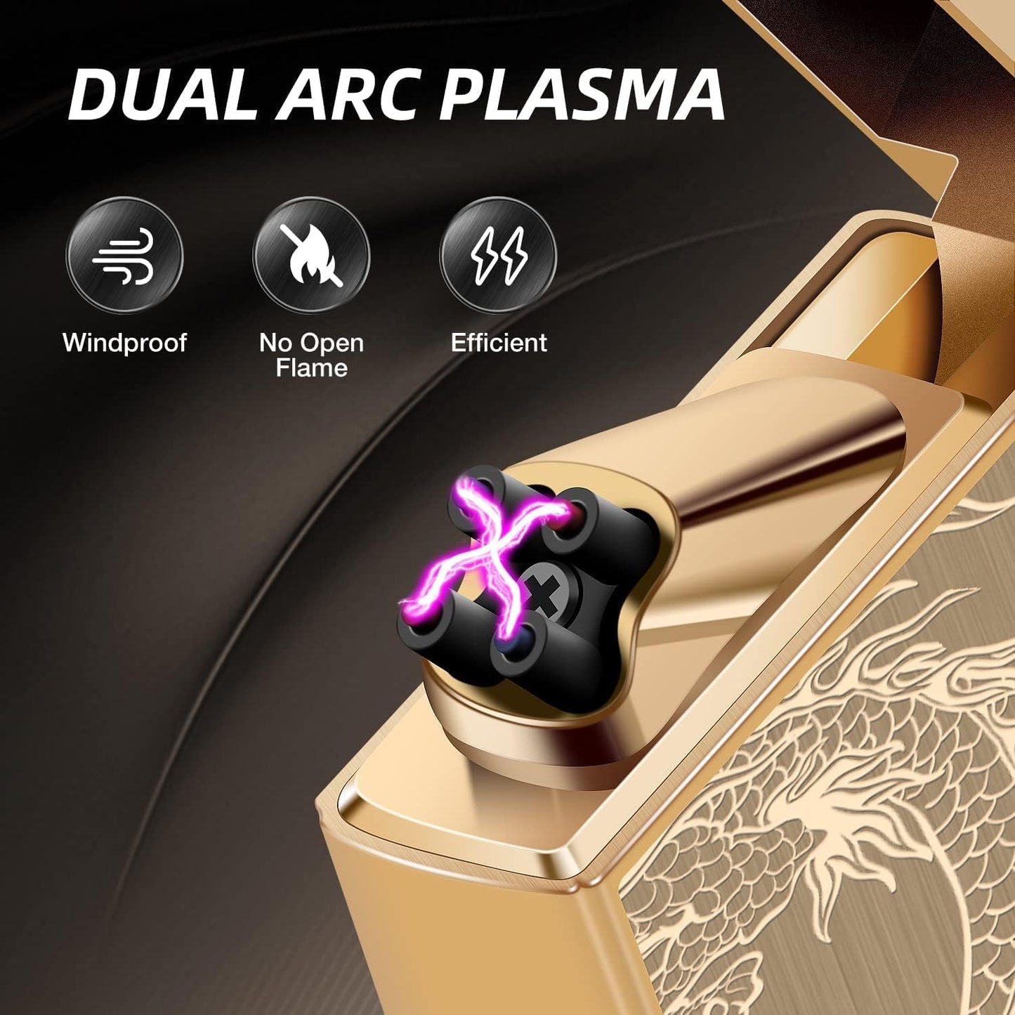 Electric Plasma Lighter with Cross X Dual Arc,USB Rechargeable Flameless Lighter with Cool Dragon Winding Pattern,Electronic Windproof Dragon Lighter(Golden Dragon)