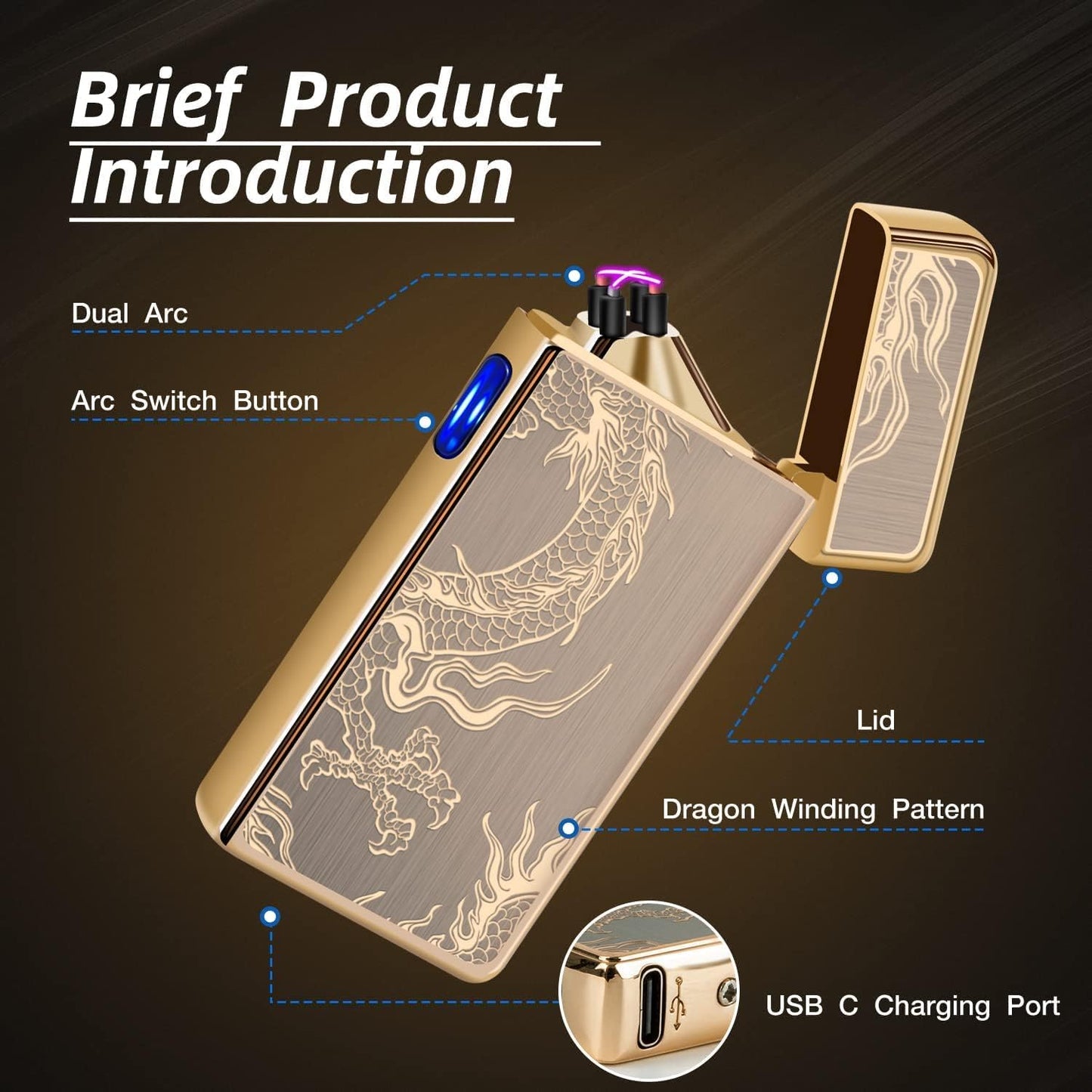 Electric Plasma Lighter with Cross X Dual Arc,USB Rechargeable Flameless Lighter with Cool Dragon Winding Pattern,Electronic Windproof Dragon Lighter(Golden Dragon)