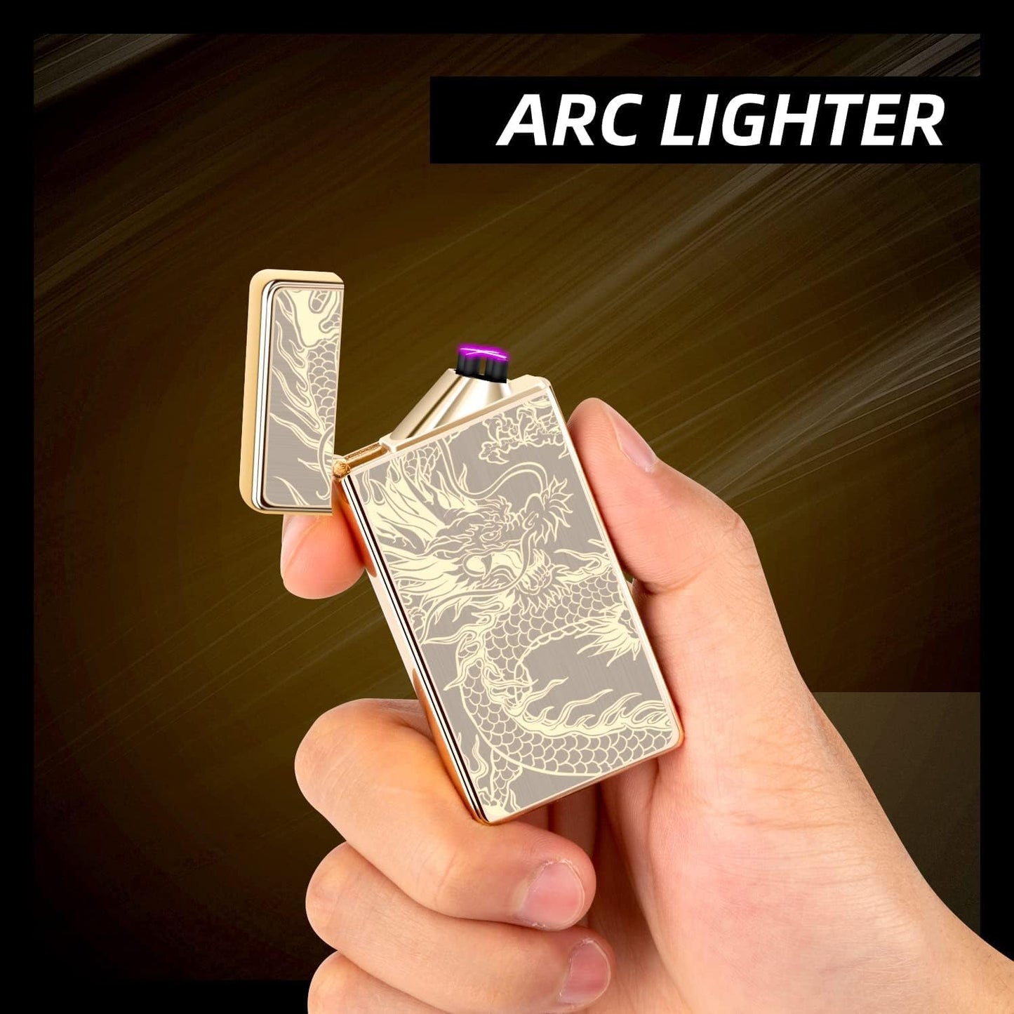 Electric Plasma Lighter with Cross X Dual Arc,USB Rechargeable Flameless Lighter with Cool Dragon Winding Pattern,Electronic Windproof Dragon Lighter(Golden Dragon)