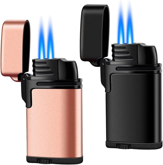 Butane Torch Lighter 2 Pack,Windproof Flame Lighter,2 Jet Lighter Refillable,Gas Fire Lighter,Pocket Torch Lighter (Without Fuel)(Black & Rose Gold)