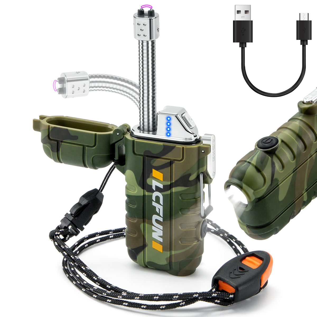 LcFun USB Rechargeable Electric Arc Lighters Windproof Plasma Lighter with LED Battery Display, Waterproof Matches with Flashlight for Camping, Survival Tactical Gear